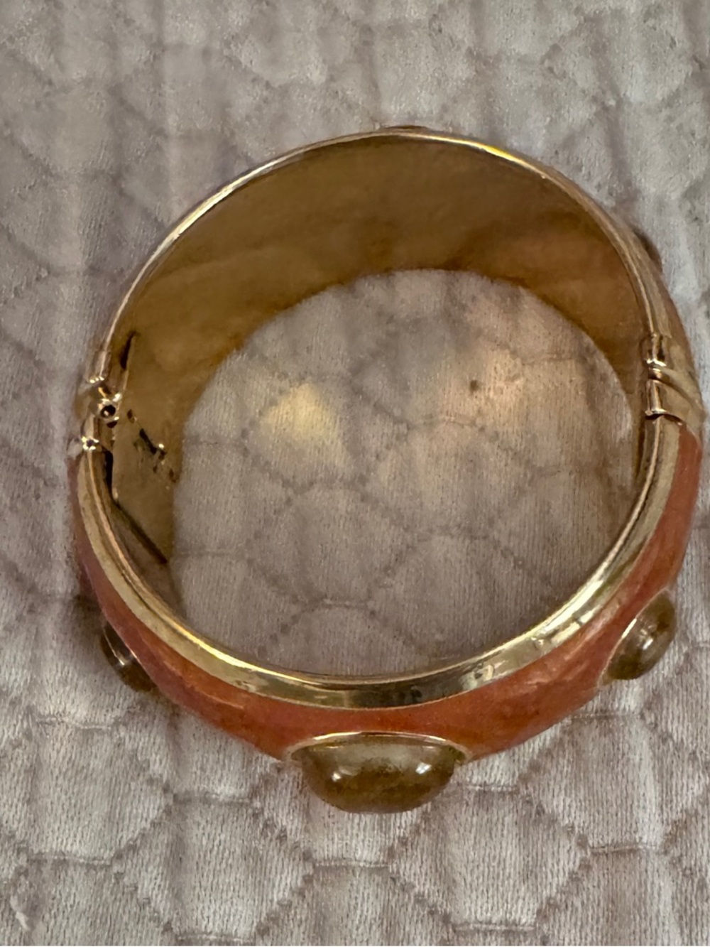 Gold-Tone Hinged Bangle Bracelet with Orange Enamel and Cabochon Accents